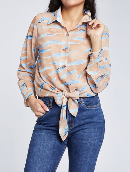Chemise droite à nouer imprimé tigré stylisé - Camel - 4