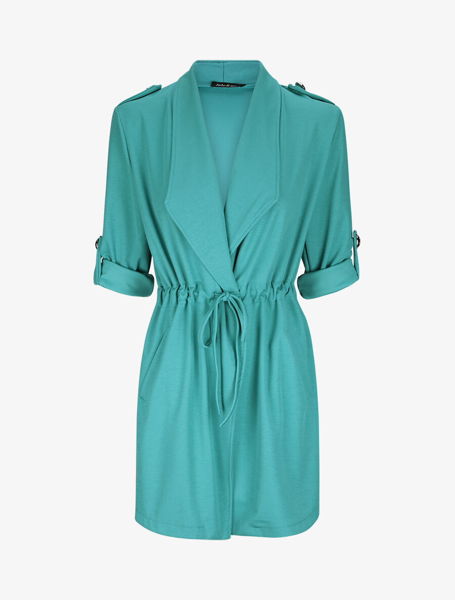 Veste droite mi-longue à col biseauté - Bleu turquoise - 1