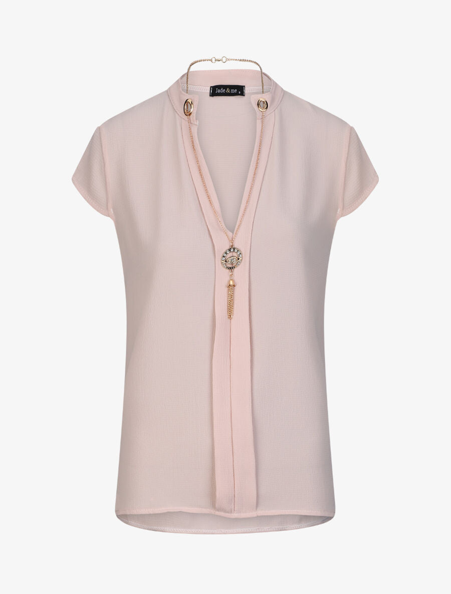 Top droit uni à col V bijou - Rose pâle - 4
