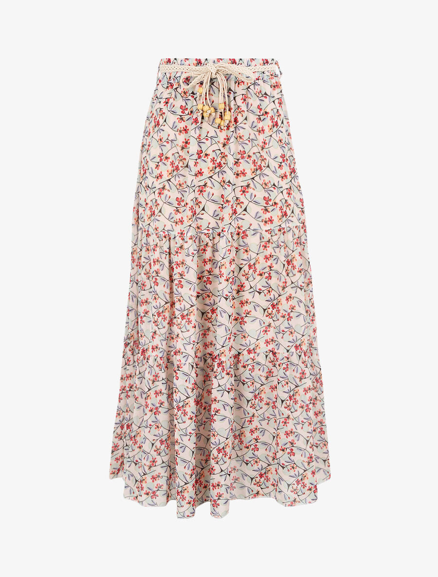Jupe longue en voile imprimé fleurs et pois - Beige - 1