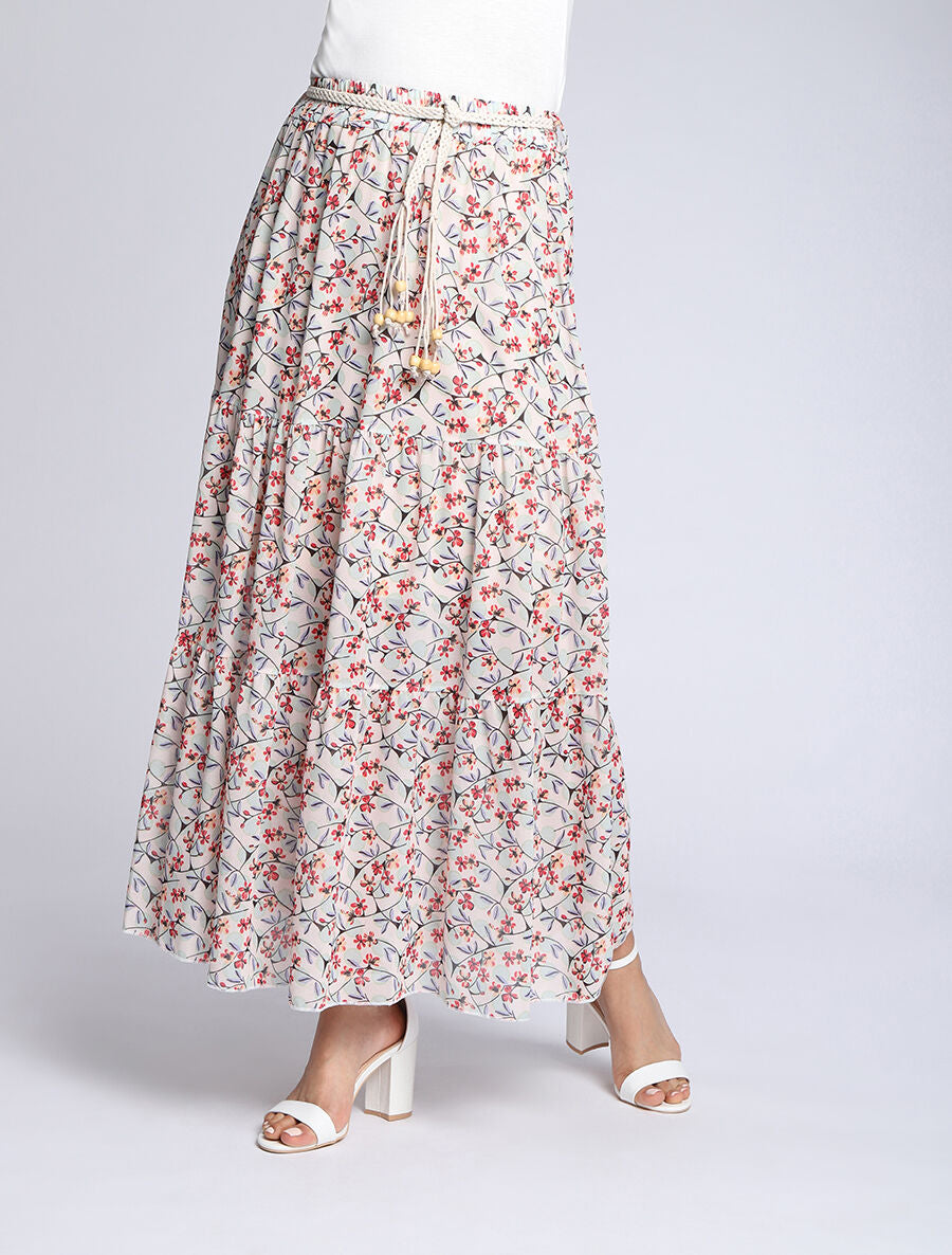 Jupe longue en voile imprimé fleurs et pois - Beige - 4