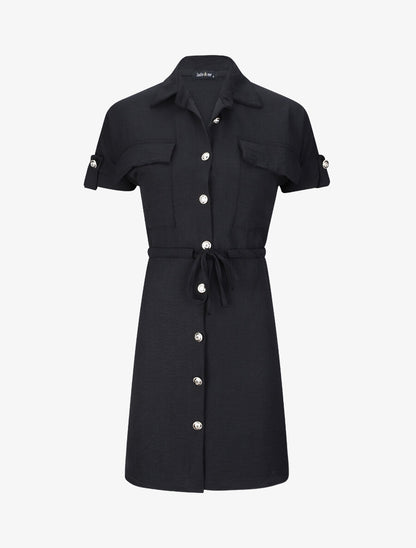 Robe chemise courte oversize unie à manches courtes - Noir - 1