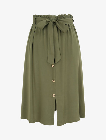 Jupe mi-longue évasée unie à taille froncée - Kaki - 1