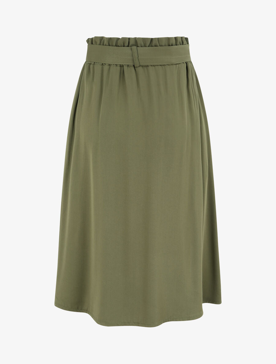 Jupe mi-longue évasée unie à taille froncée - Kaki - 2