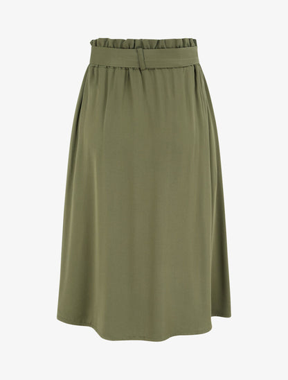 Jupe mi-longue évasée unie à taille froncée - Kaki - 2
