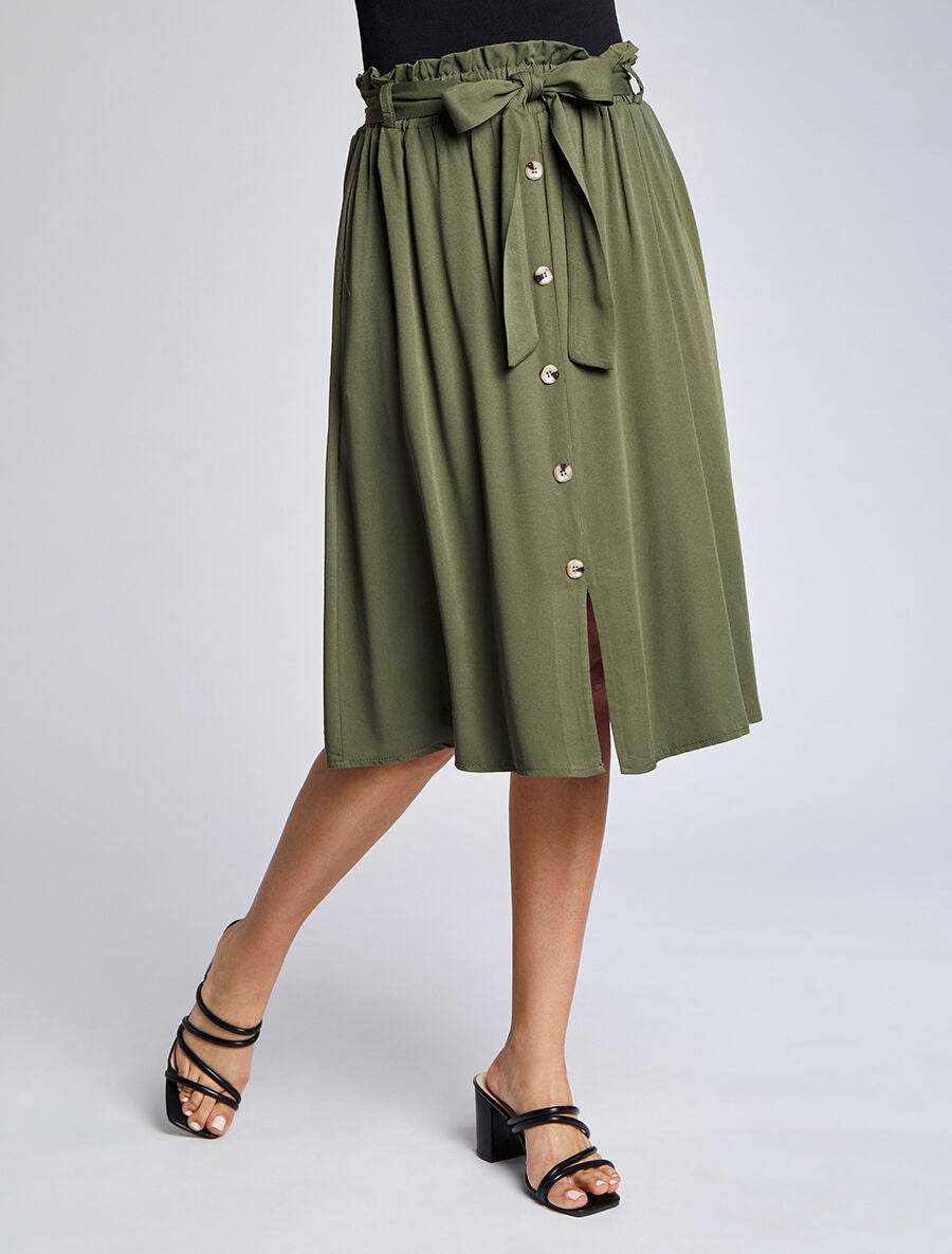 Jupe mi-longue évasée unie à taille froncée - Kaki - 4