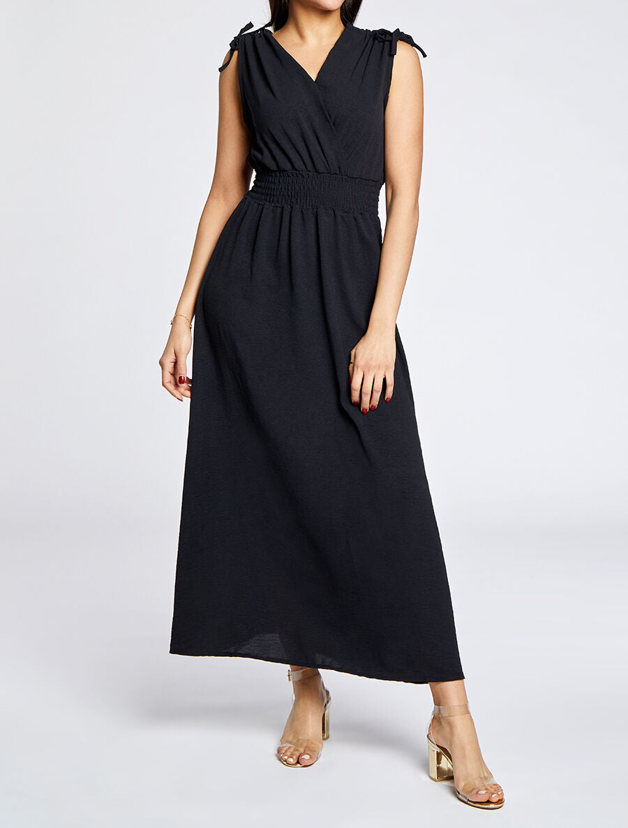 Robe longue cache-coeur à taille élastiquée - Noir - 4