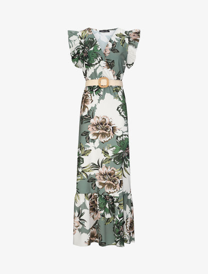 Robe longue à imprimé tropical et manches volantées - Kaki - 5