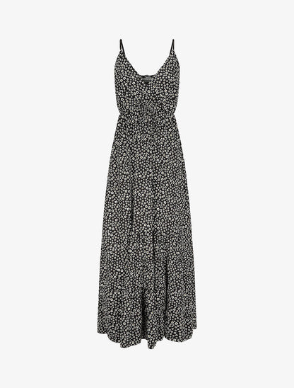 Robe longue à imprimé floral et bord volanté - Noir - 1