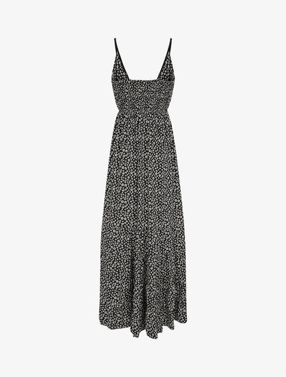 Robe longue à imprimé floral et bord volanté - Noir - 2