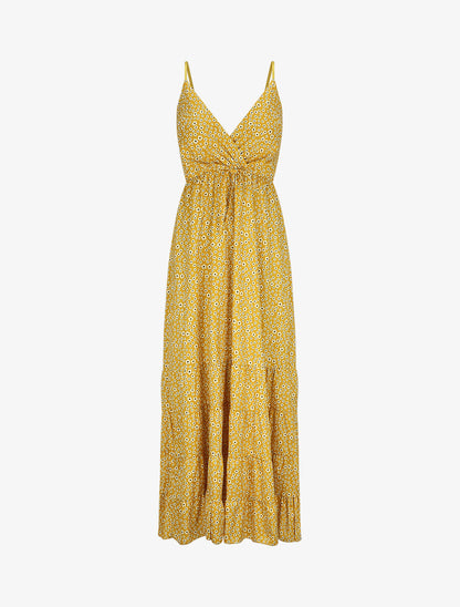 Robe longue à imprimé floral et bord volanté - Jaune moutarde - 5