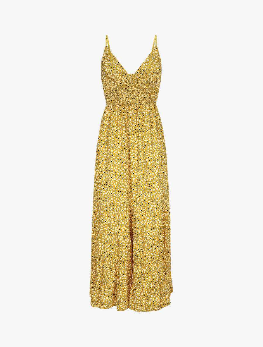 Robe longue à imprimé floral et bord volanté - Jaune moutarde - 2
