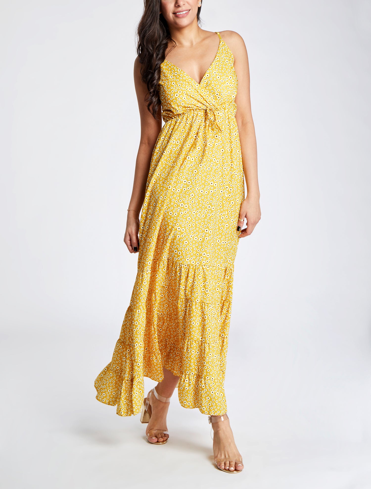 Robe longue à imprimé floral et bord volanté - Jaune moutarde - 4
