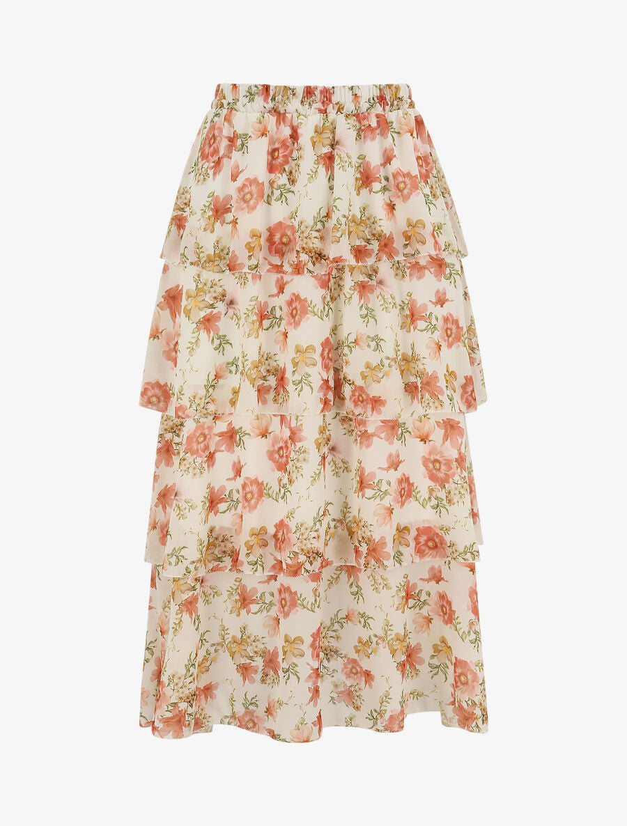 Jupe longue à volants et imprimé fleuri - Beige - 1
