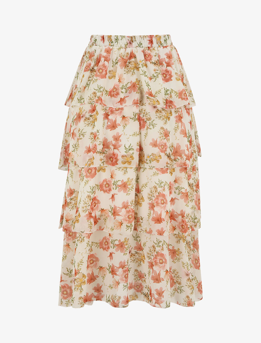 Jupe longue à volants et imprimé fleuri - Beige - 2