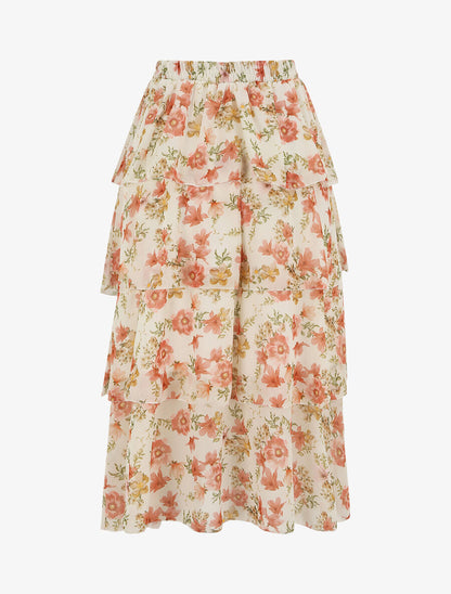 Jupe longue à volants et imprimé fleuri - Beige - 2