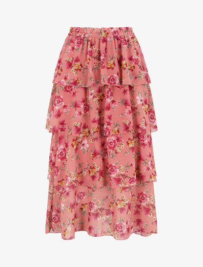 Jupe longue à volants et imprimé fleuri - Vieux rose - 1