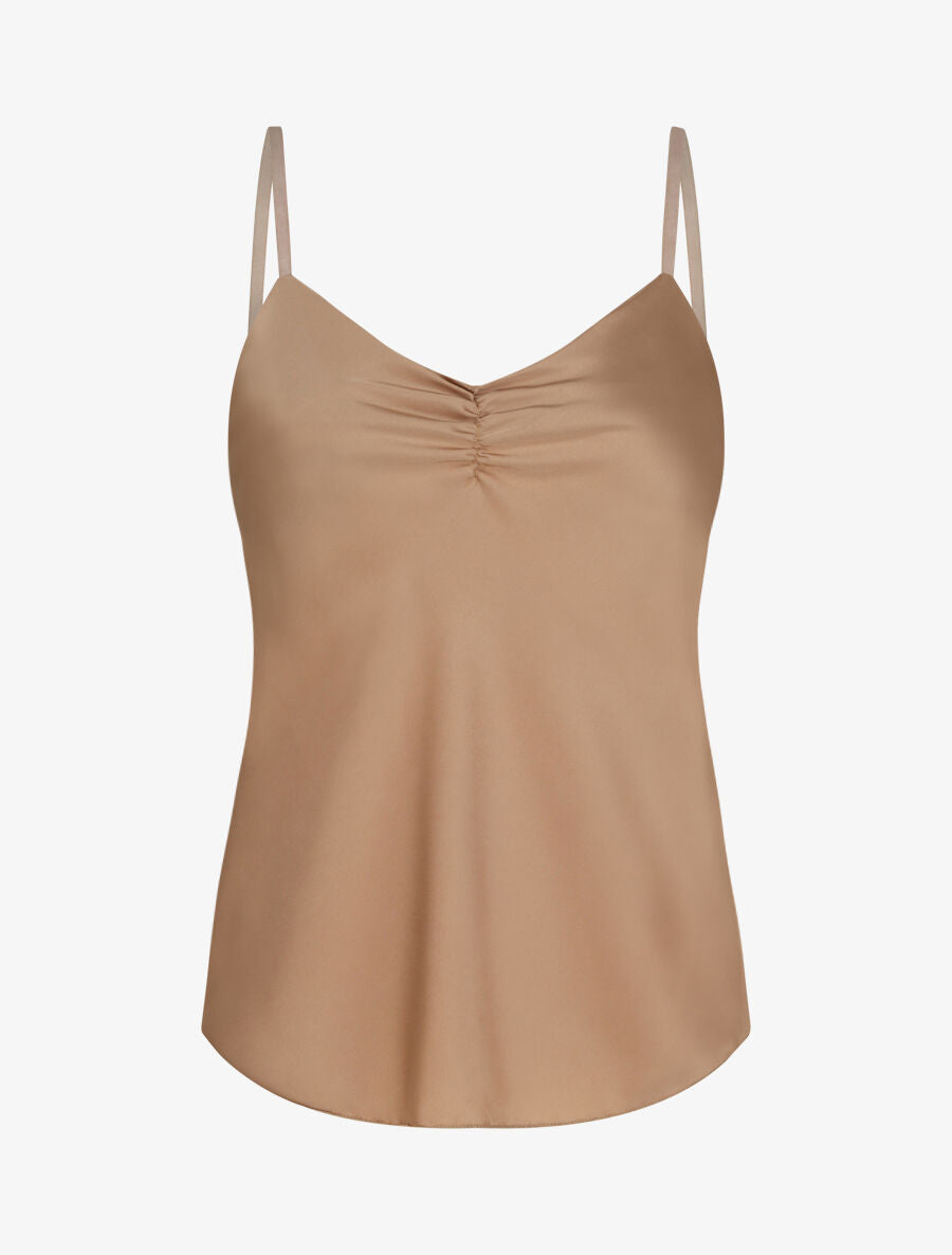 Caraco droit satiné à décolleté froncé - Beige - 1