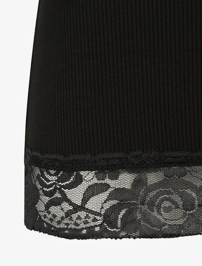 Débardeur droit côtelé à bords en dentelle - Noir - 3