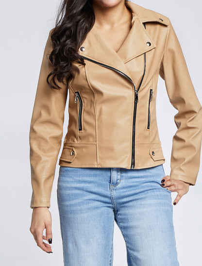 Perfecto droit en simili à poches zippées - Beige - 4