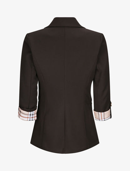 Blazer droit uni manches 3/4 à revers carreaux - Noir - 2