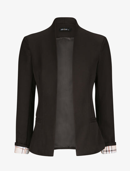 Veste droite unie manches longues à revers carreaux - Noir - 4