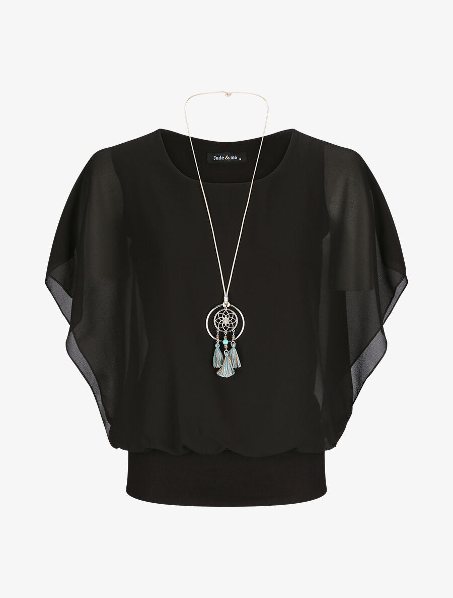 Top boule uni manches courtes chauve-souris - Noir - 1