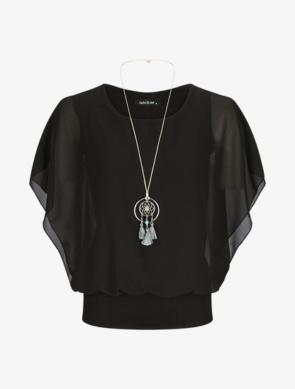 Top boule uni manches courtes chauve-souris - Noir - 1