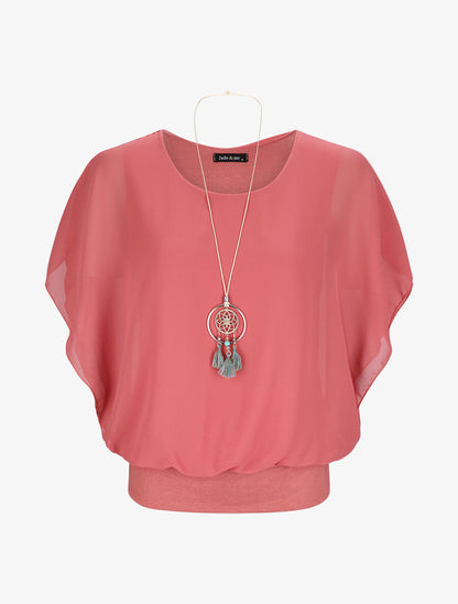 Top boule uni manches courtes chauve-souris - Rose - 4