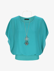 Top boule uni manches courtes chauve-souris - Bleu turquoise - 1