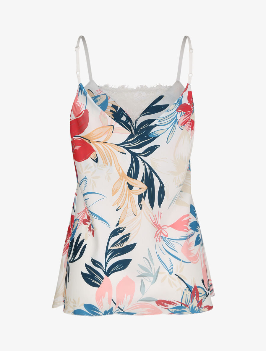 Caraco droit satiné à imprimé fleurs tropicales et dentelle stylisée - Blanc - 2