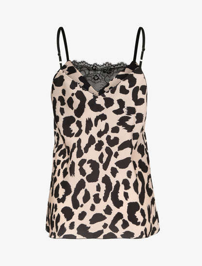 Caraco droit satiné à imprimé léopard et dentelle stylisée - Beige - 2