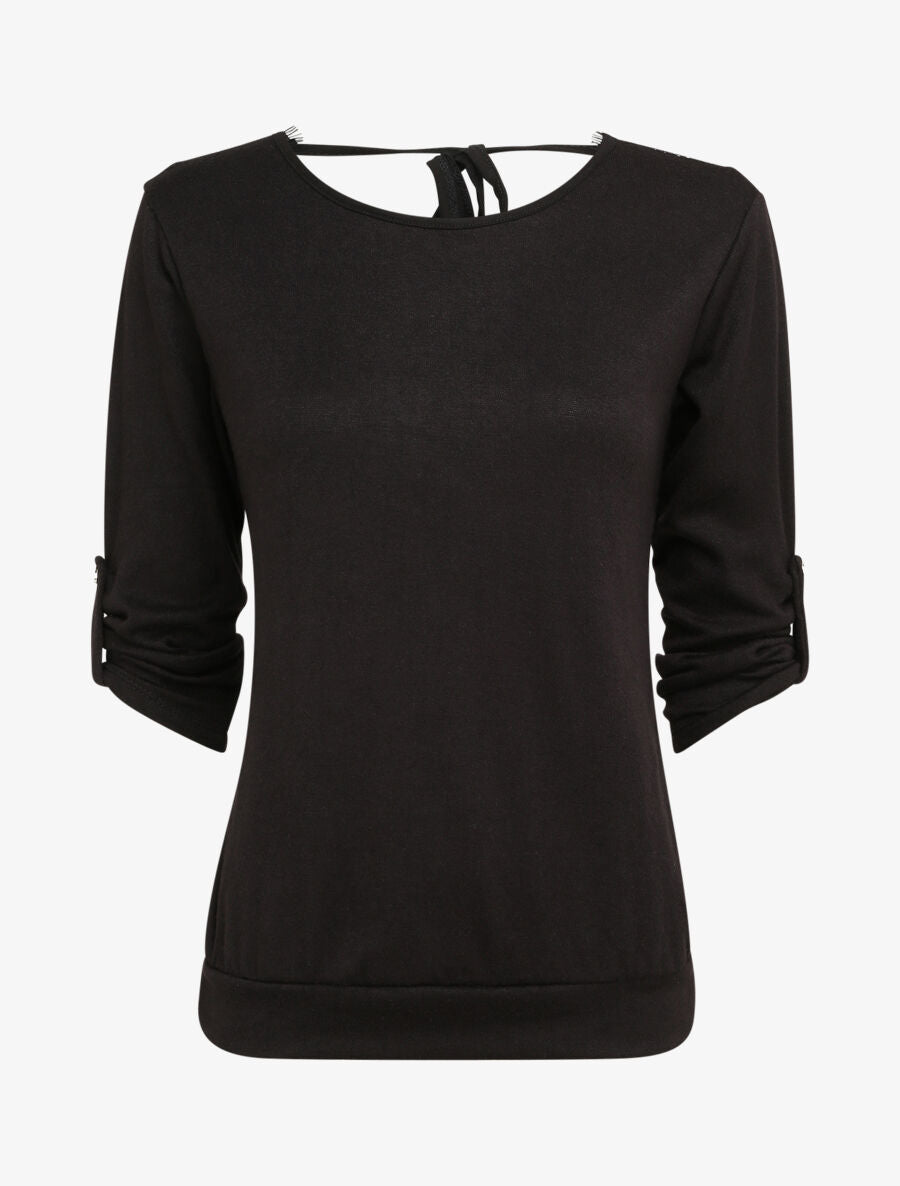 Pull fin à dos ouvert à détail dentelle - Noir - 1