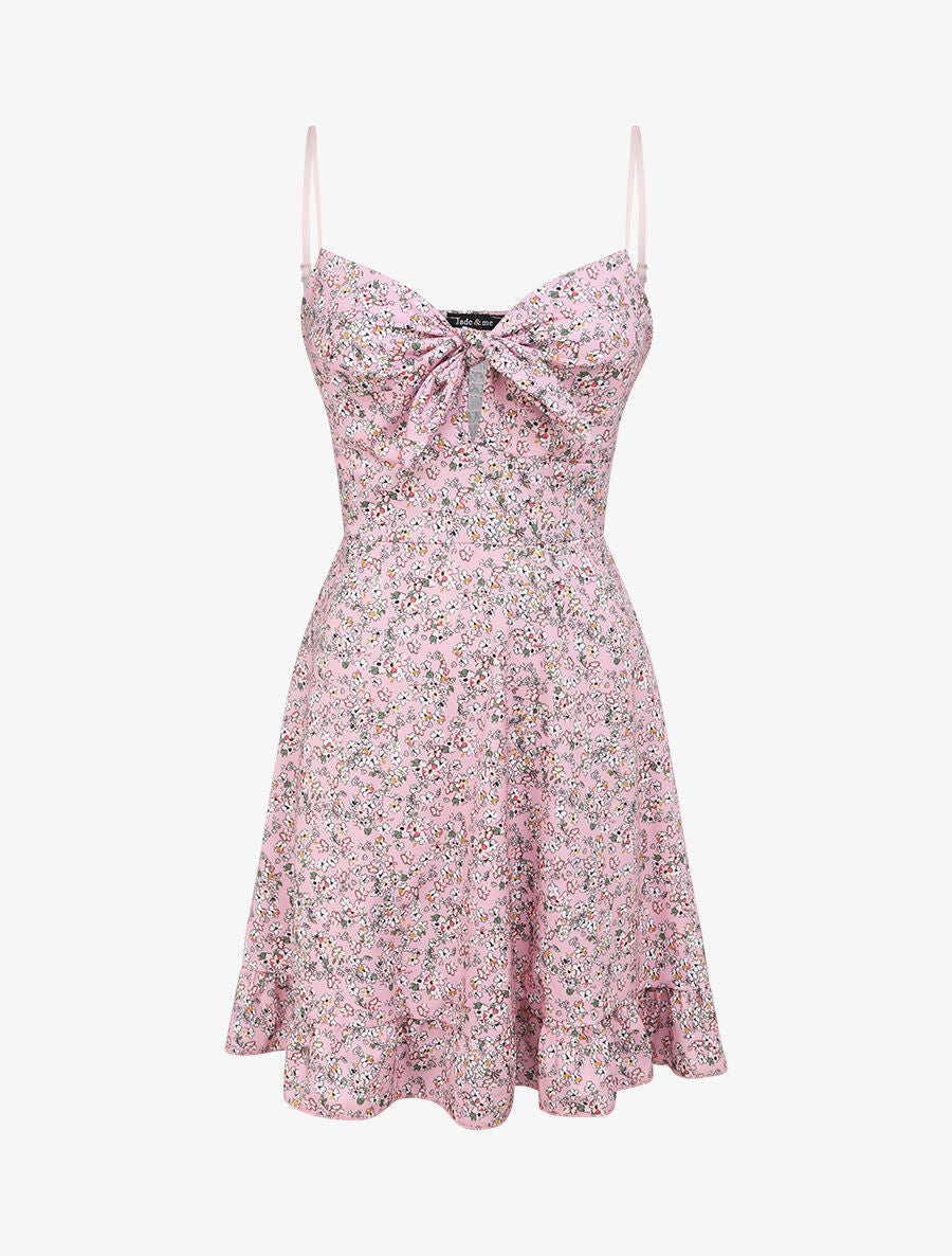 Robe courte empire fleurie à noeud - Rose pâle - 1