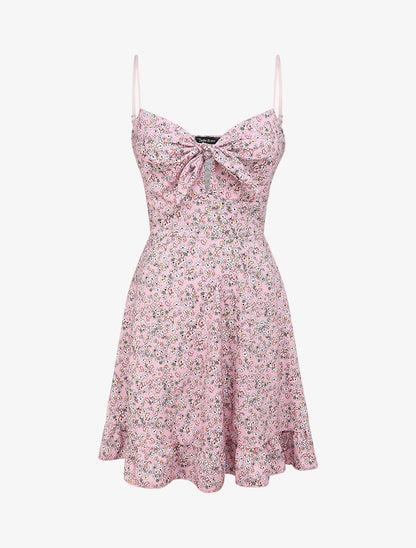 Robe courte empire fleurie à noeud - Rose pâle - 1