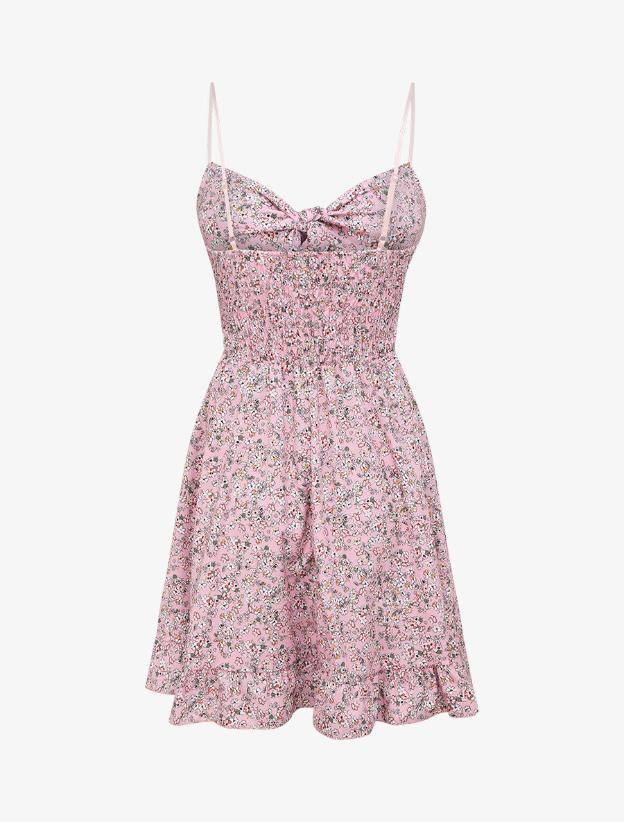 Robe courte empire fleurie à noeud - Rose pâle - 2