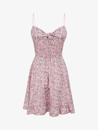 Robe courte empire fleurie à noeud - Rose pâle - 2