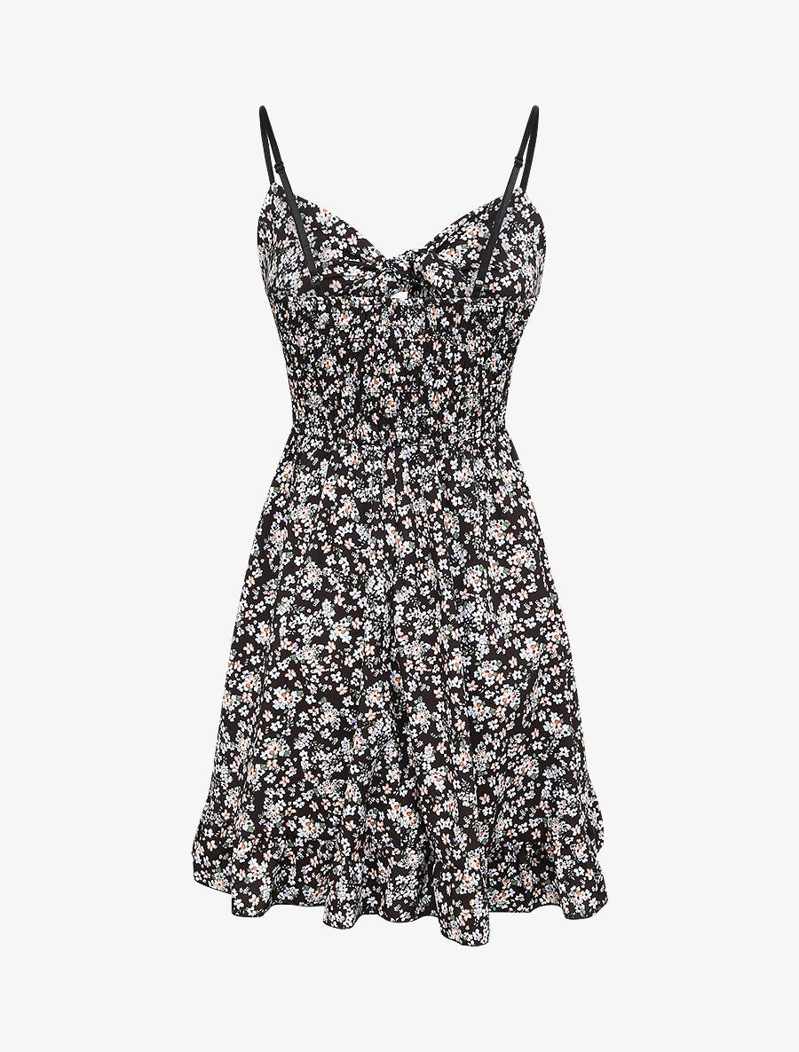 Robe courte empire fleurie à noeud - Noir - 2