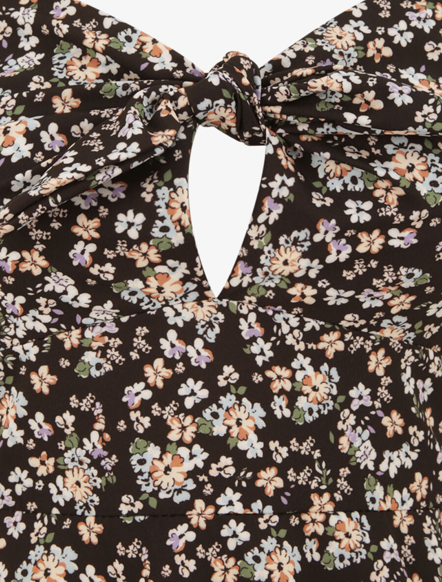 Robe courte empire fleurie à noeud - Noir - 3
