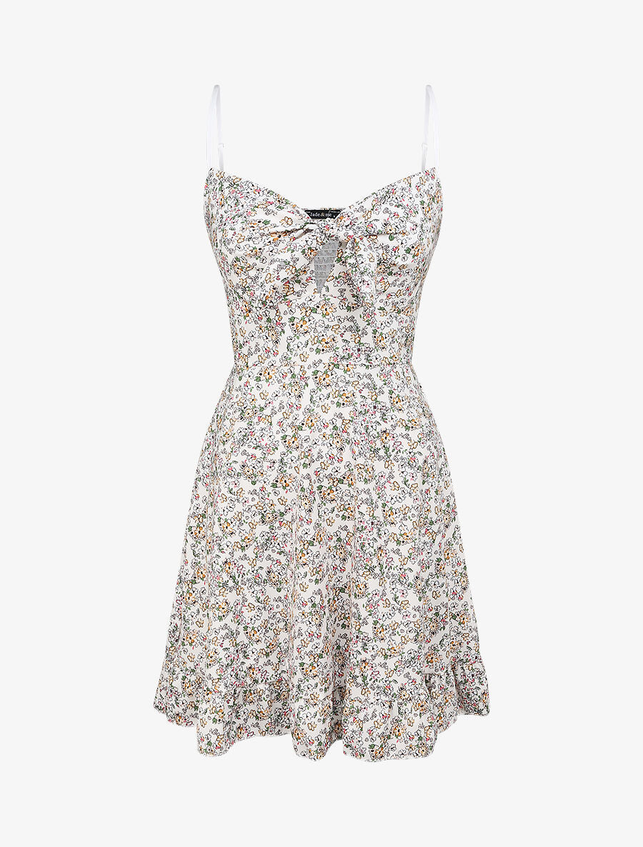 Robe courte empire fleurie à noeud - Blanc - 1