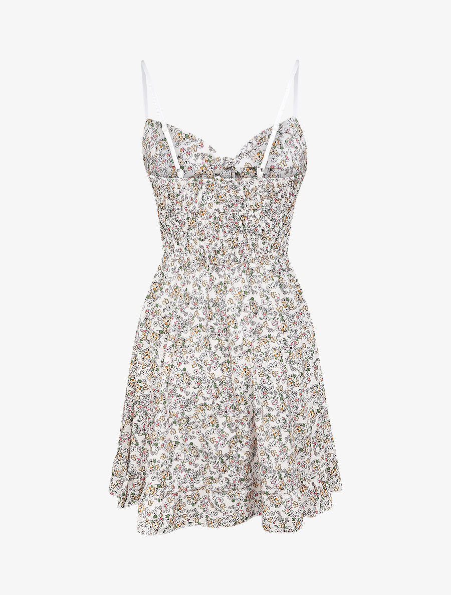 Robe courte empire fleurie à noeud - Blanc - 2