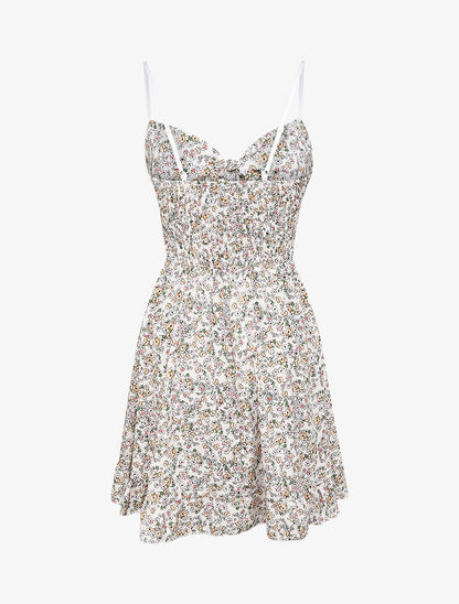 Robe courte empire fleurie à noeud - Blanc - 2