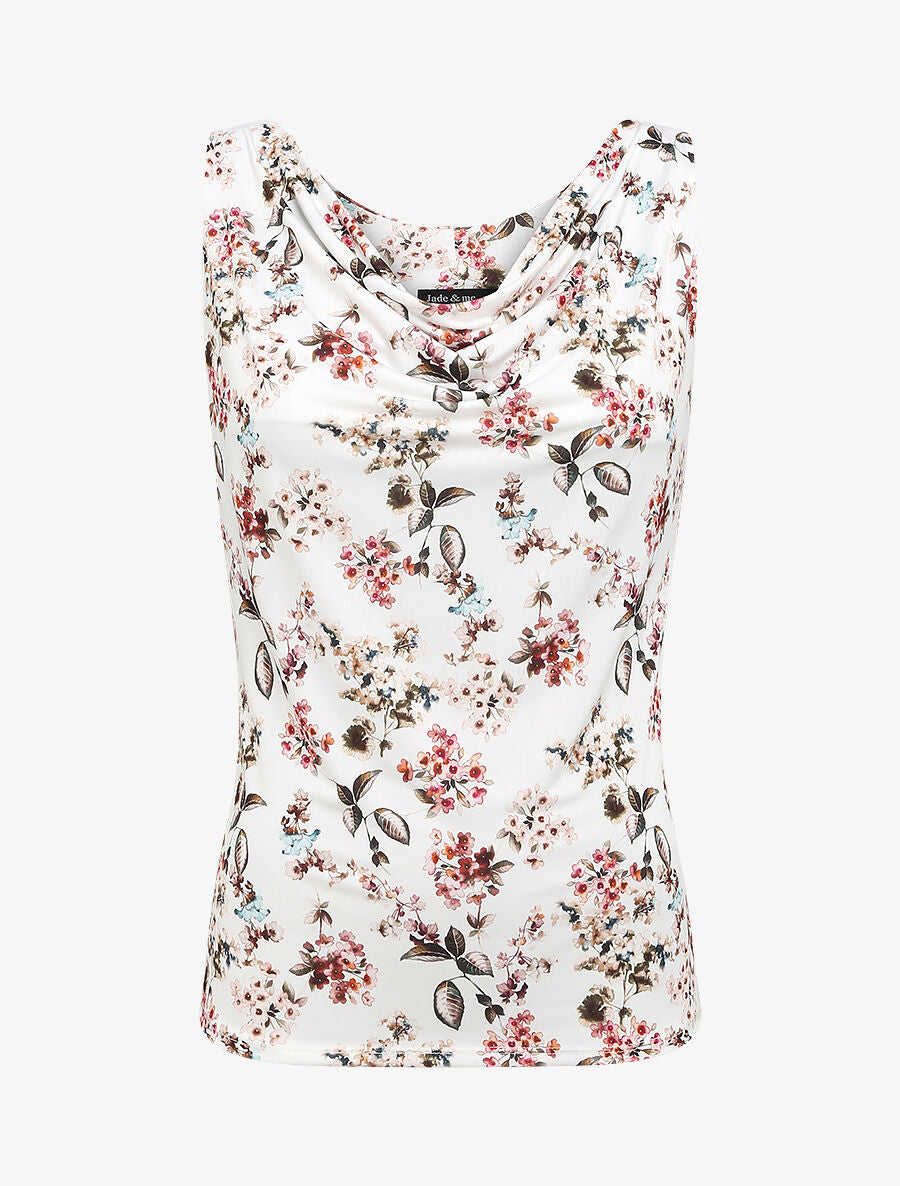 Top droit col bénitier imprimé fleurs printanières - Blanc - 5
