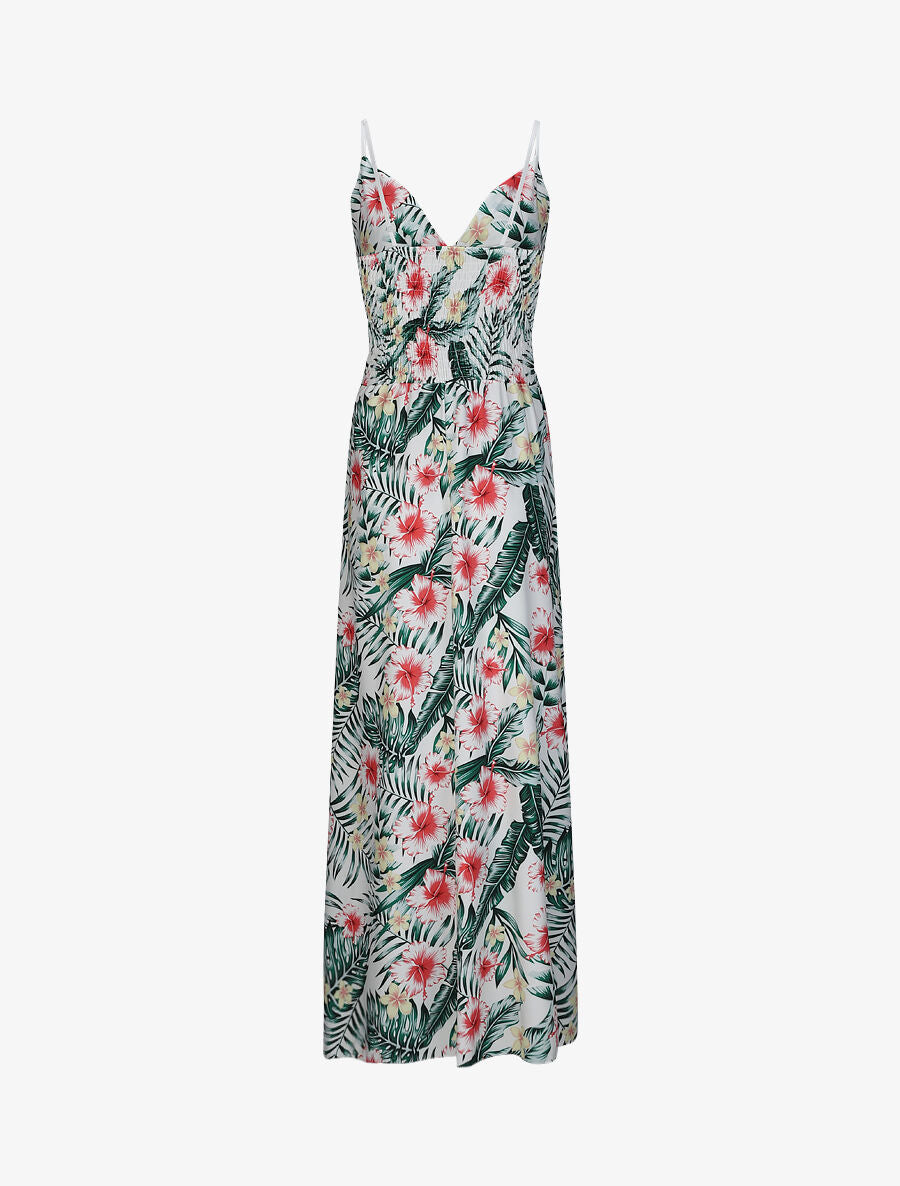 Robe longue évasée imprimé hibiscus col à noeud - Blanc - 2