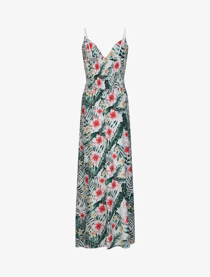 Robe longue évasée imprimé hibiscus col à noeud - Blanc - 2