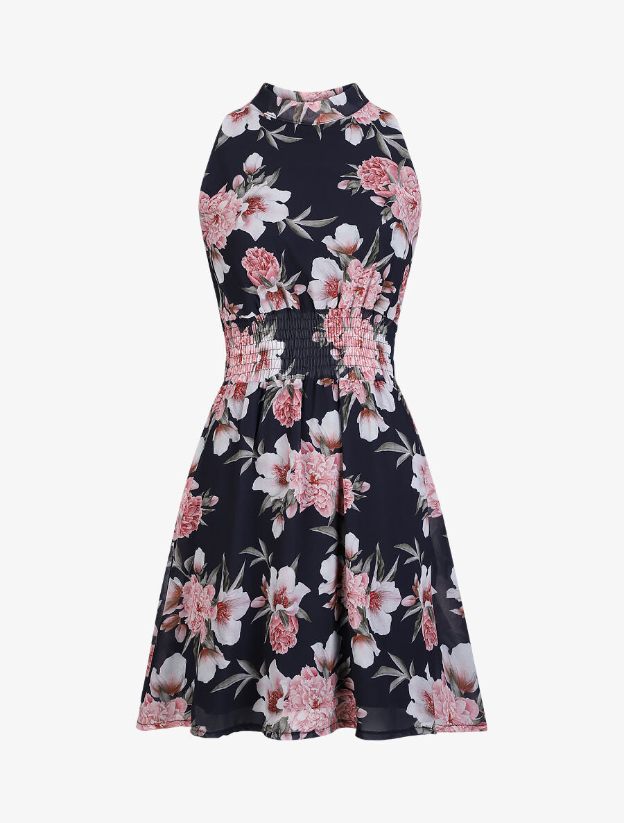 Robe patineuse courte sans manches imprimé pivoines - Marine - 1