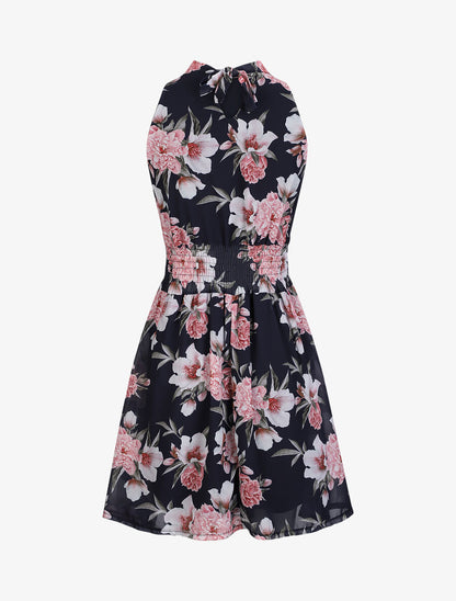 Robe patineuse courte sans manches imprimé pivoines - Marine - 2