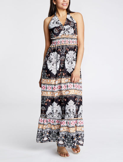 Robe longue dos nu imprimé mosaïque - Noir - 4