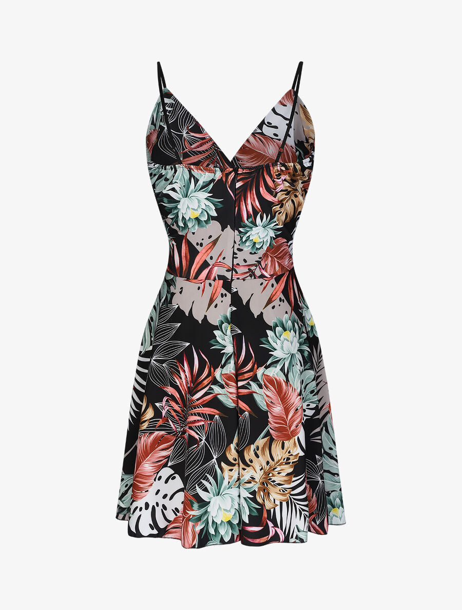 Robe patineuse courte imprimé fleur de lotus - Noir - 2