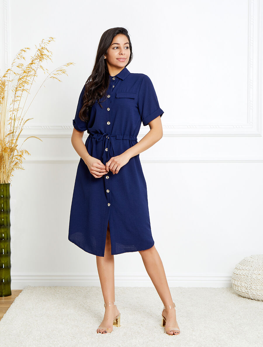Robe chemise à taille élastiquée - Marine - 4